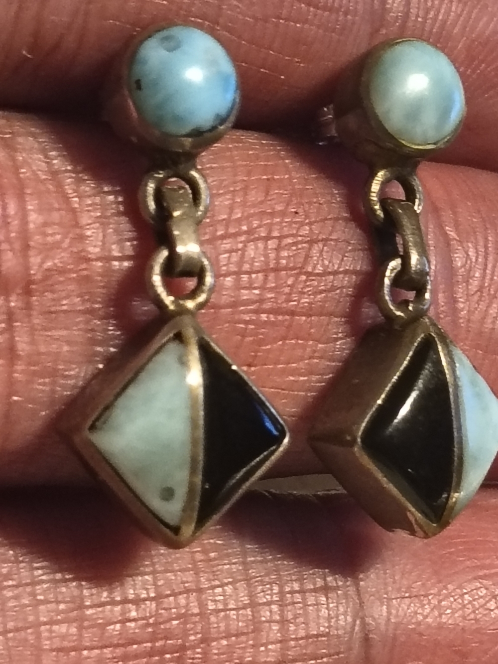 Antique Sterling Larimar & Black Onyx Drop Link Earrings Signed 925 Southwestern